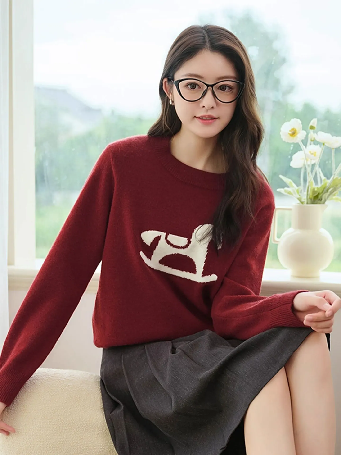 

Skin-friendly Round-ne Knitted Sweater Cisas Red Casual Long-sve Embroidered Comfortable Winter Top Versatile Wardro...