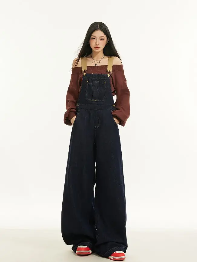 American Retro Denim Overalls For Women In Spring And Summer New High-Waist Age-Reducing Slimming Loose Wide-Leg Pants