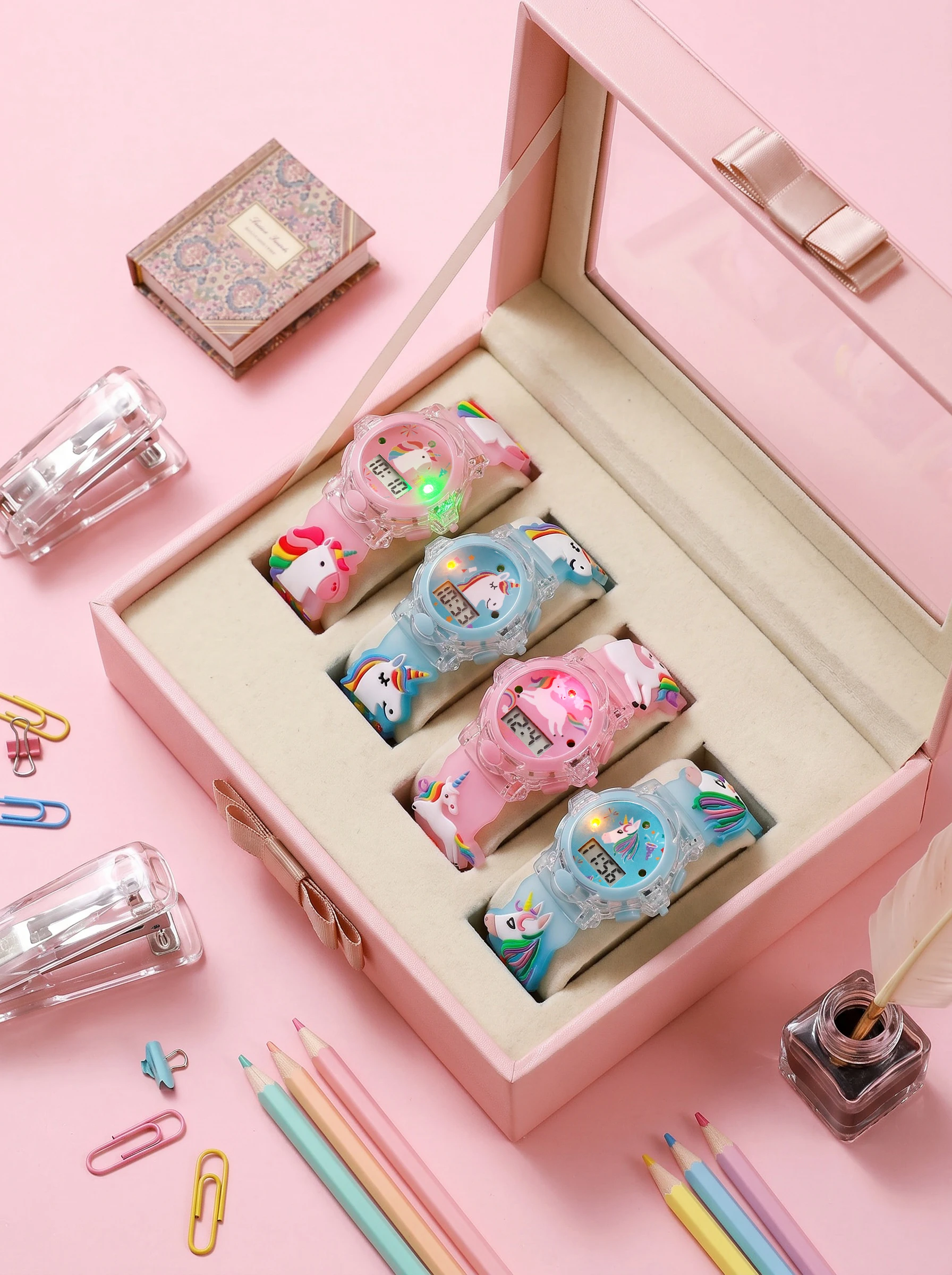 

4pcs/set Kids Unicorn LED Watch Set, No Box, Digital Wristwatch For Back To School, Vacation & Holiday