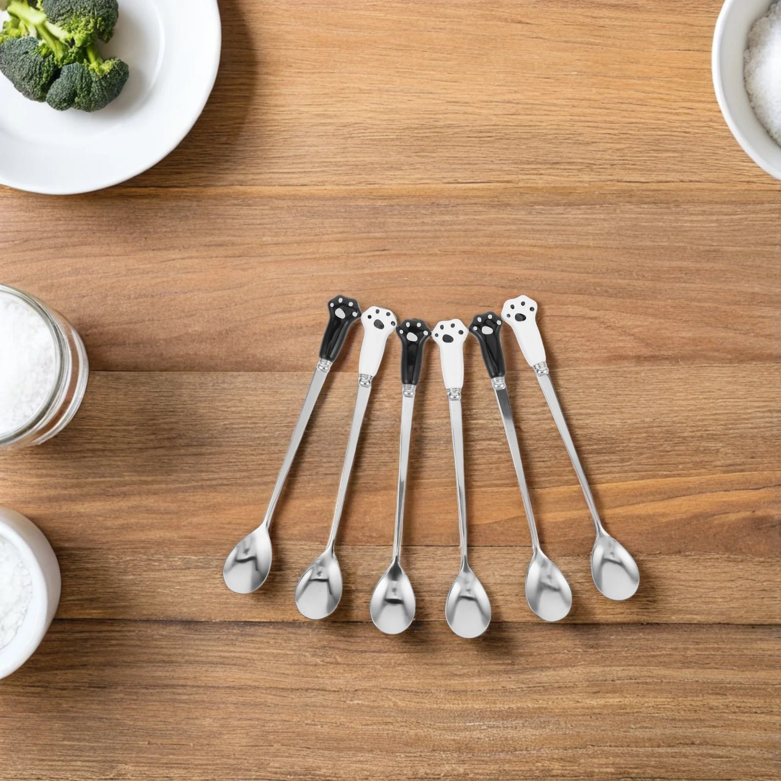

6Pcs Cat Paw Coffee Stirring Spoon Stainless Steel Ceramic Handle Long Handle for Iced Beverages Tea Dessert Coffee