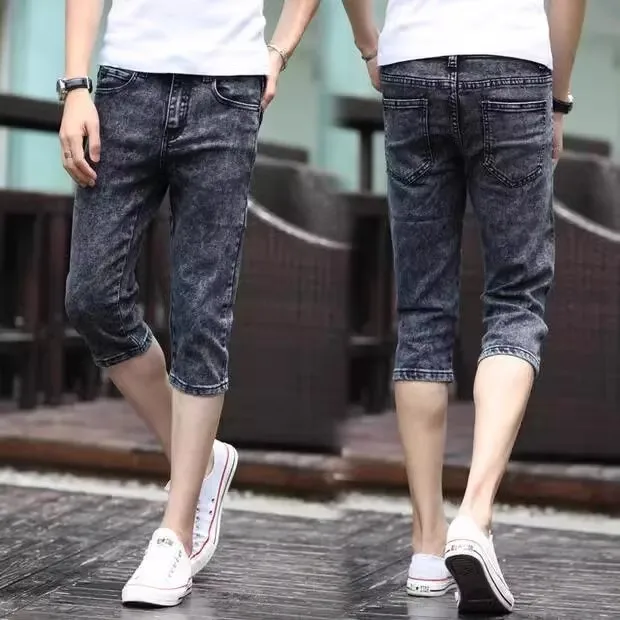 

Slim Fit Men's Knee-Length Straight Leg Jeans Shorts Thin Summer Casual Mid-Waist Low-Elasticity Denim Fabric Trendy Style