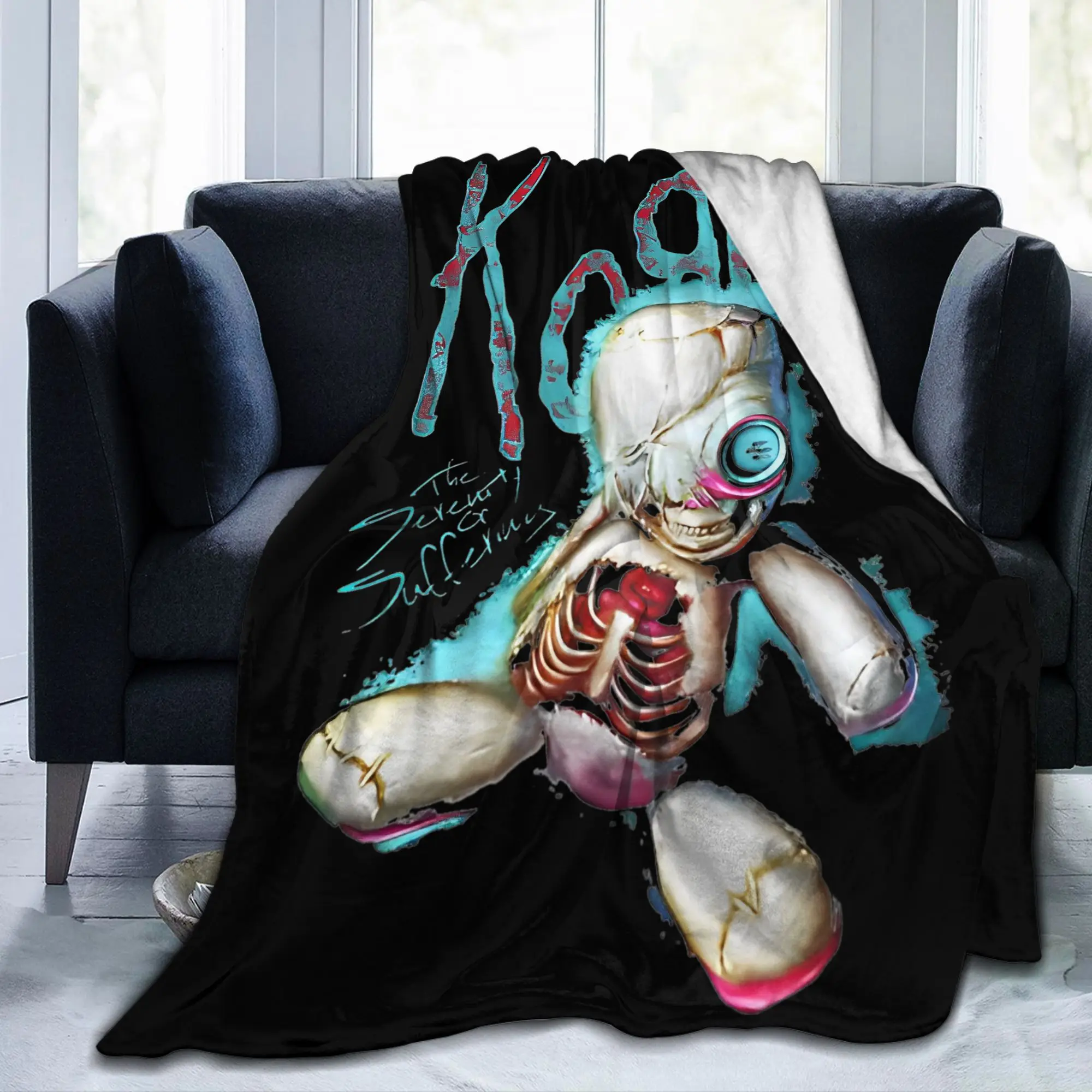Korn Nu Metal Doll Knitted Blanket Coral Fleece Graffiti Music Korn Art Lightweight Thin Throw Blankets Bedspreads Portable