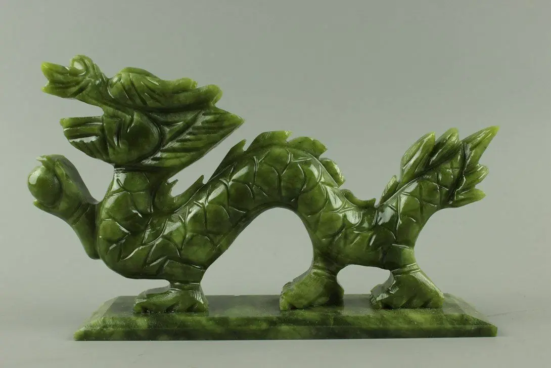 Green natural jade Chinese hand-carved Dragon statue good luck