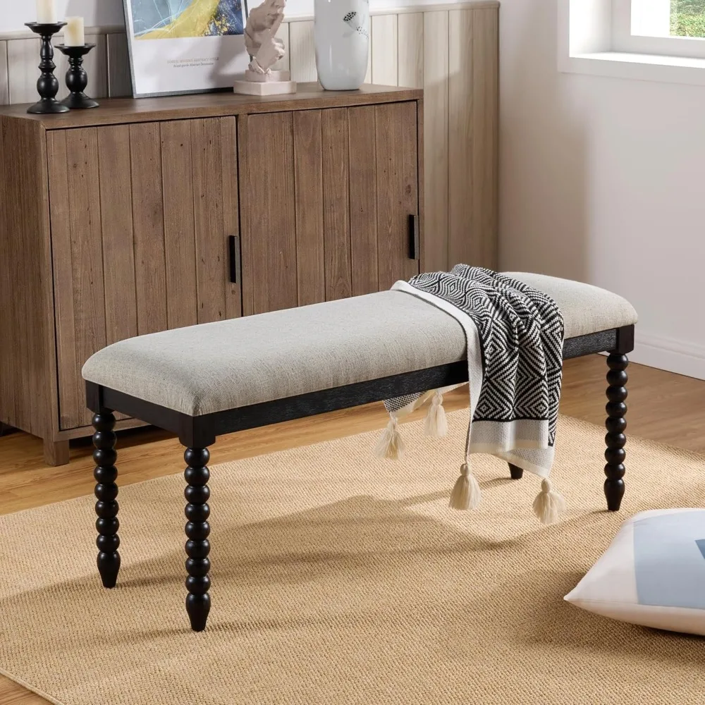

Upholstered Bench for Bedroom End of Bed,48" Bedroom Bench Linen Fabric Ottoman Entryway Bench with Vintage Wood Legs for Livin