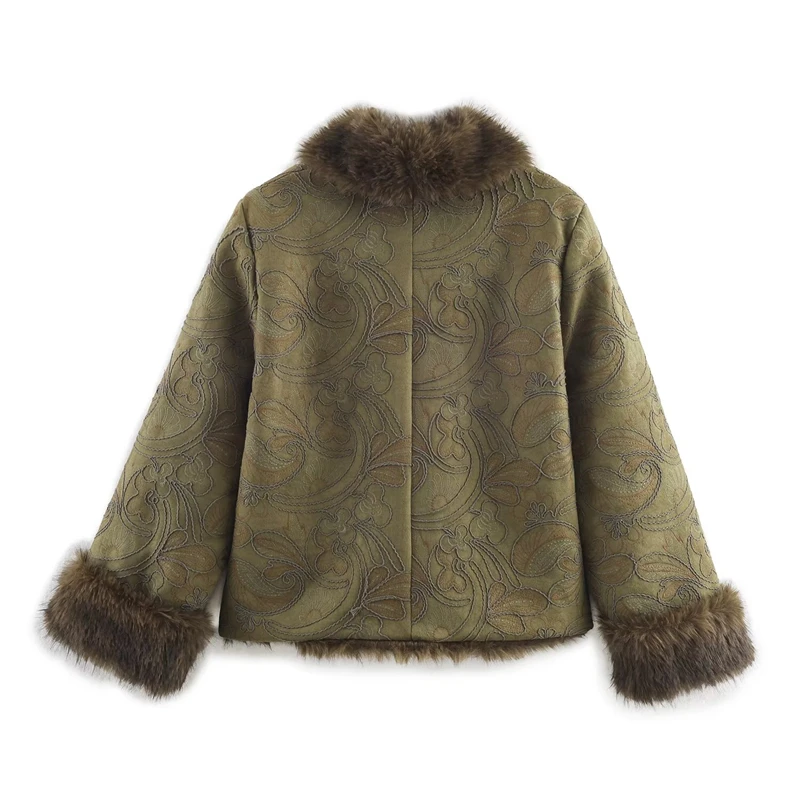 Chaqueta bordada con ribete de piel sintética para mujer - Elegante abrigo verde oliva para otoño/invierno