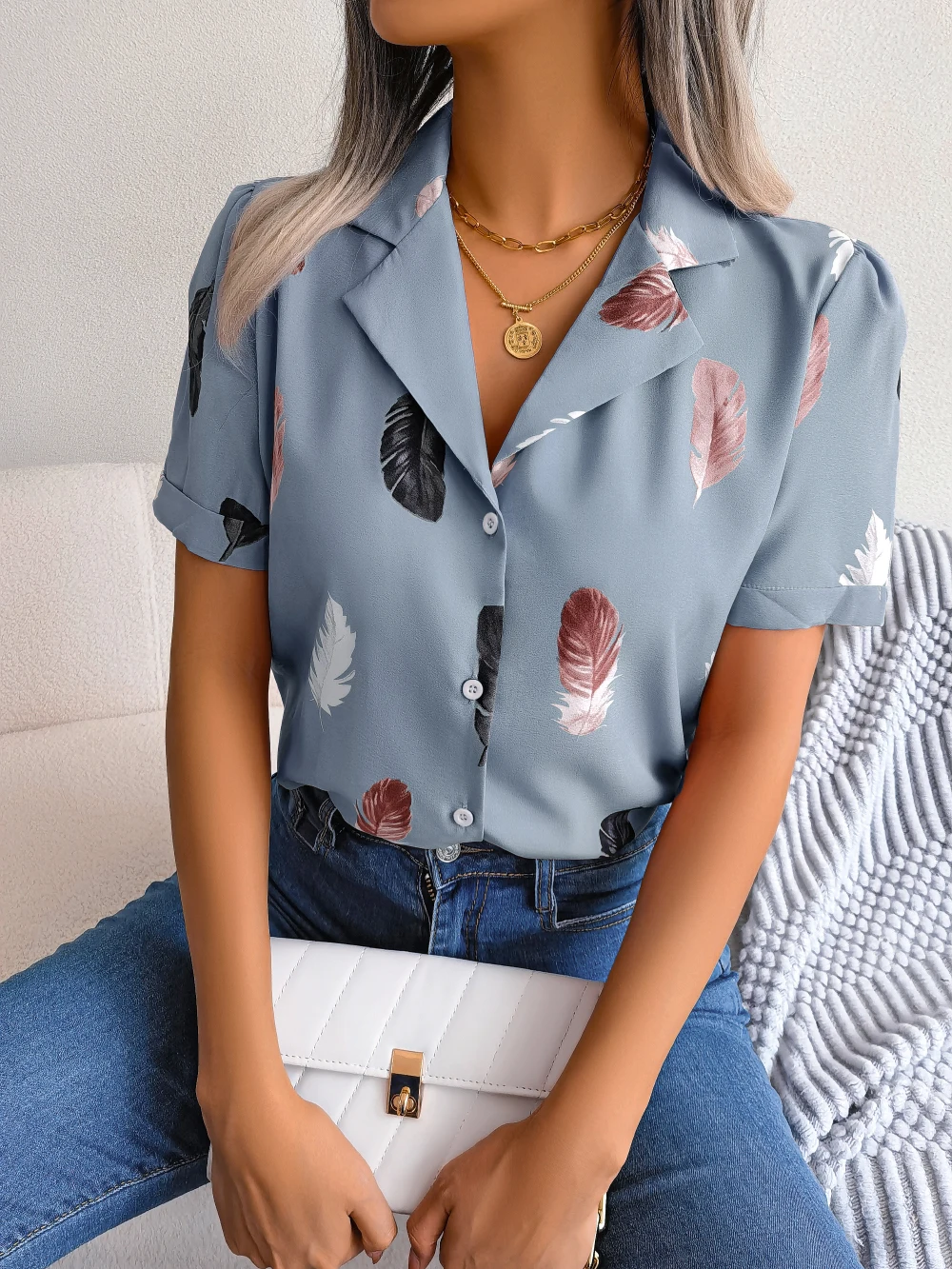 Women Casual Notched Short Sleeve Print Shirt