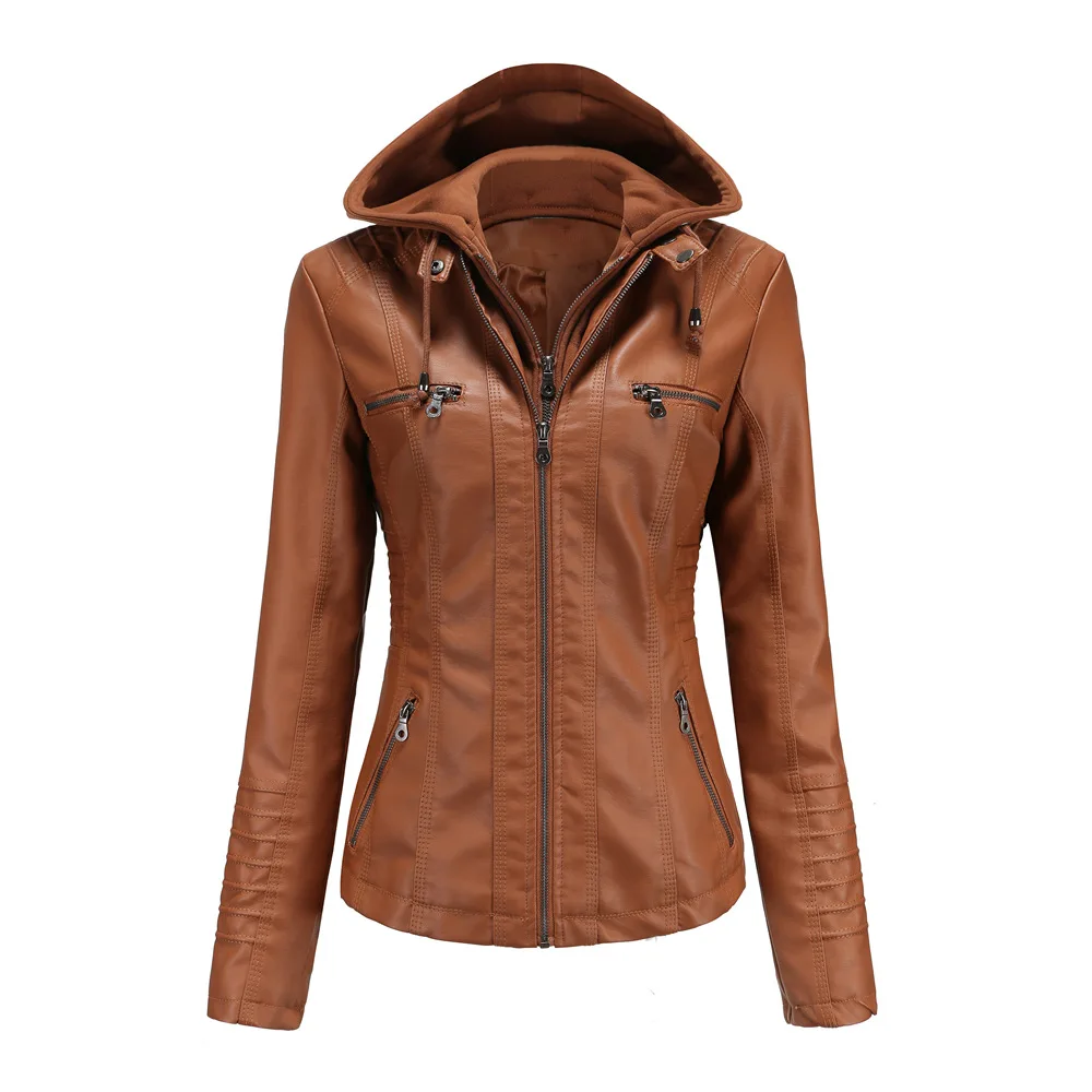 RAISE 2026 Spring Autumn Women's Leather Coats Hooded Removable Zipper Jacket Female Pocket zipper Pure Color Motorcycle Jackets