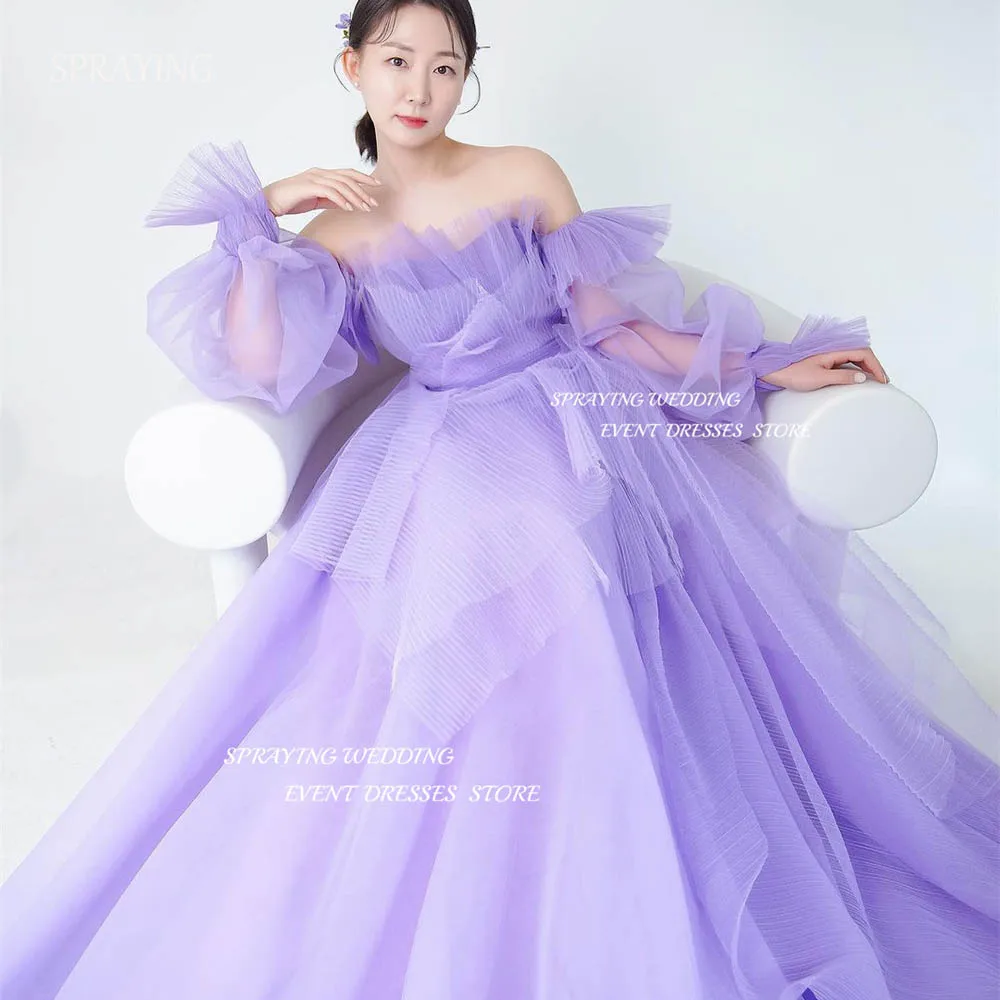 

SPRAYING Sweetheart Tulle Full Sleeve Korea Wedding Photo Dresses A line Long Purple Fairy Evening Dress 웨딩드레스 Corset Customized