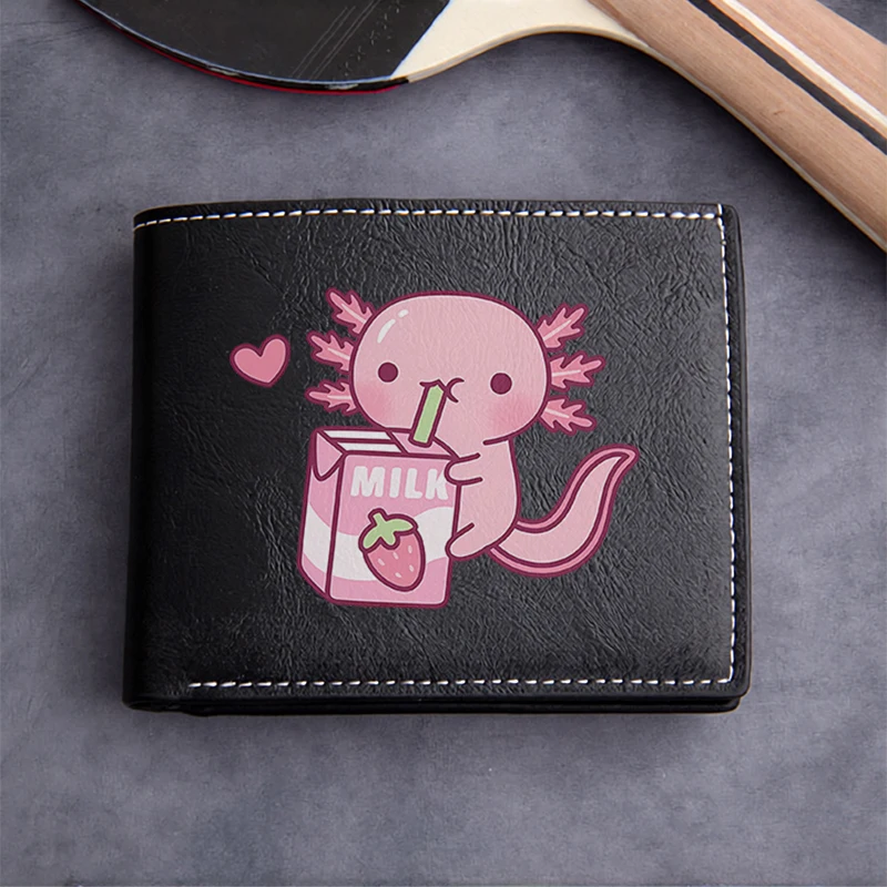 Pink Axolotl Drinking Milk Carton PU Leather Wallet for Men Minimalist Lightweight Durable Business Style Compact Design
