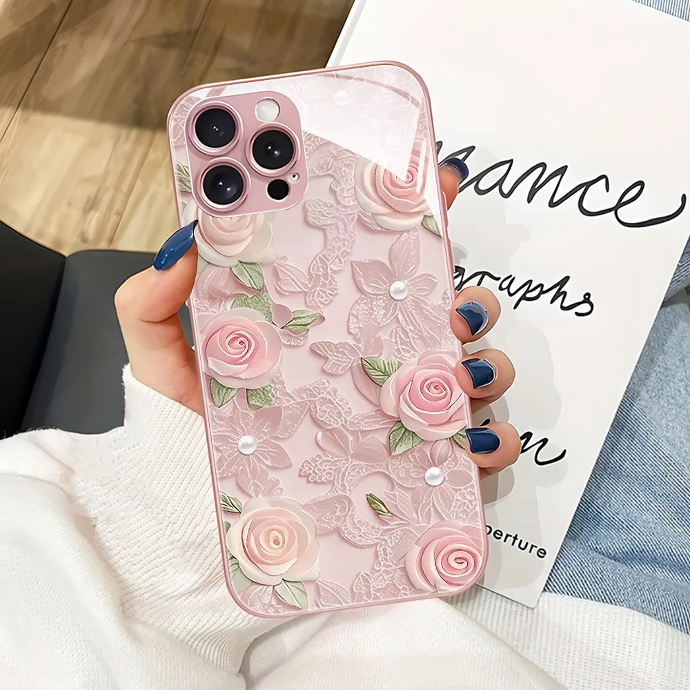 Pink Flower Tempered Glass Phone Case For Samsung S26 Ultra S25 S24 S23 S22 Plus A57 A56 A55 A36 A35 A26 A17 A16 A07 A06 Cover