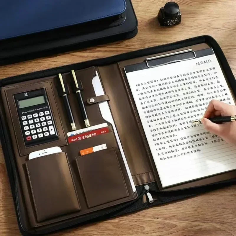 Executive Business a4 Leather Portfolio Folder Clipboard for Zippered Organizer Desk Document Briefcase Calculator for Office