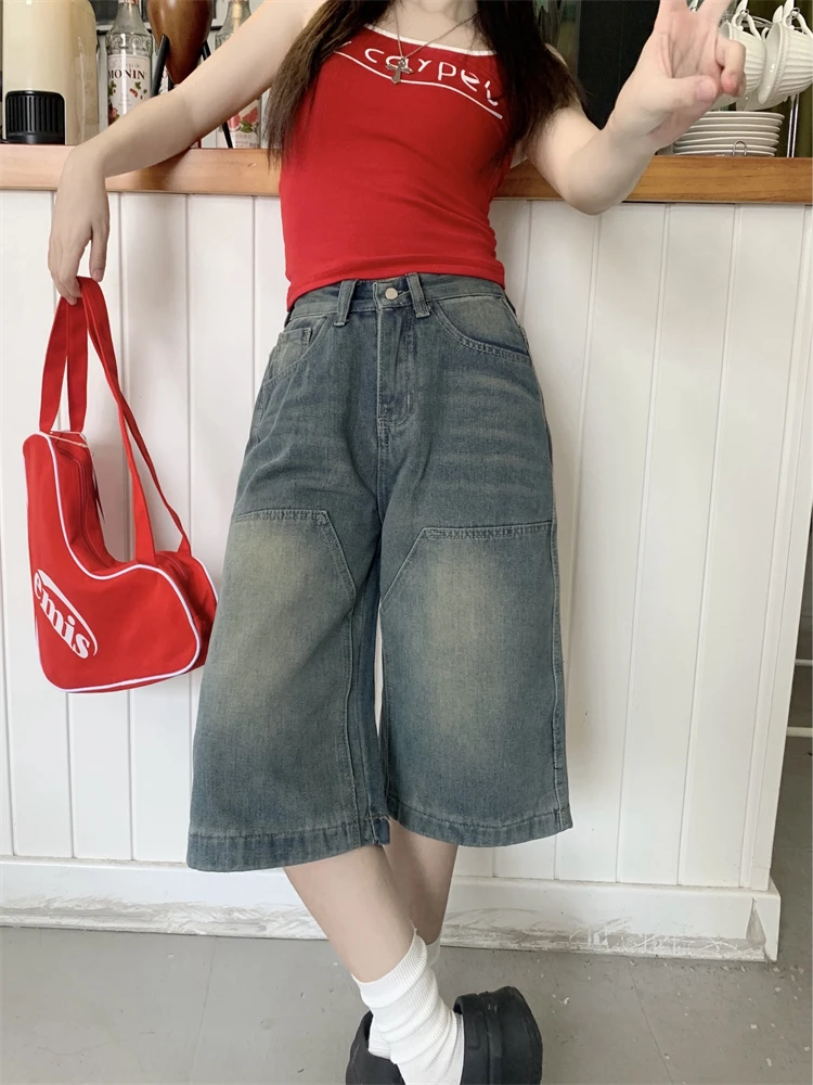 

Women's Retro Simple Style Denim Shorts Summer Quarter Bottoms Wide Leg Capris Female High Waist Straight Kenn-length Jeans