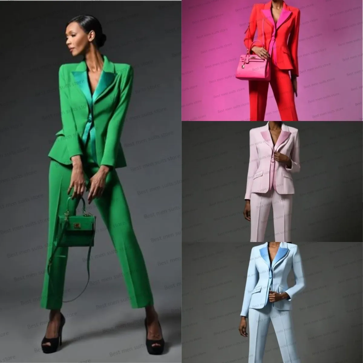 Elegant Women Pants Suit Set 2 Piece Blazer+Trousers Formal Office Lady Jacket With Double Satin Lapel Prom Dress Custom Made