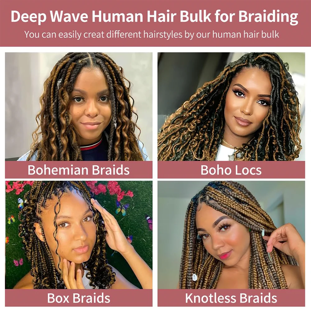 P4/27 Highlight Human Braiding Hair Bulk For Boho Braids Deep Wave Curly Human Hair Micro Crochet Braiding 50g 1 Blunde 22 Inch