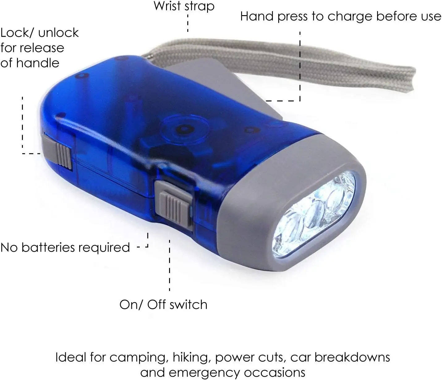 Mão portátil pressionando lanterna LED noite, auto-alimentado dínamo, manivela de energia, wind up, manual de energia, geração para acampar, equitação