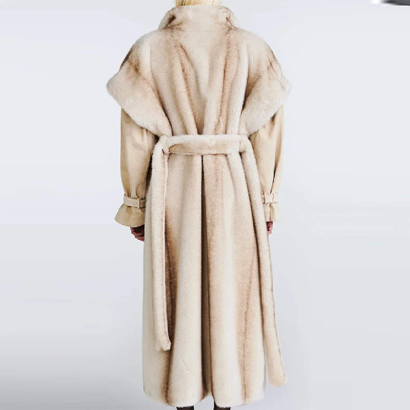 Women Cream Color Fuax Fur Long Coat Luxury Long Sleeved Adjustable Lace Up Jacket 2025 New Winter High Street Commute Overcoat