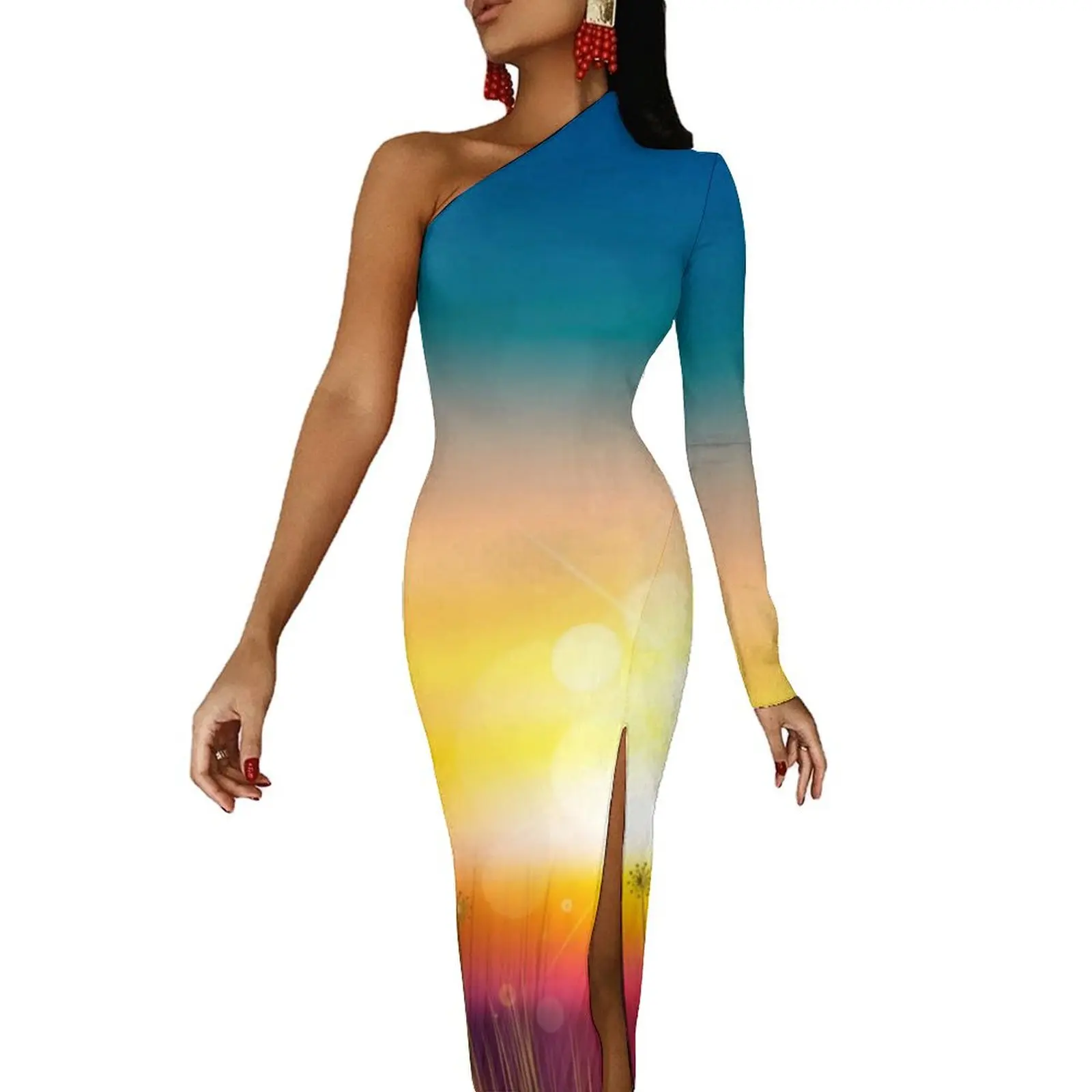 

Sunset Fields Bodycon Dress Female Bright Print Retro Maxi Dress Long Sleeve Party Design Dresses Gift