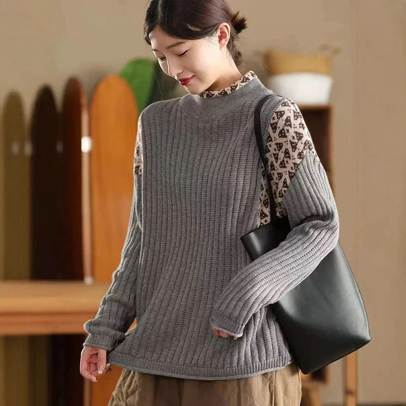 

Женский повседневный свитер с длинным рукавом, Новое поступление, осень 202, винтажный стиль, свободные женские вязаные пуловеры с полувысоким воротником M2052