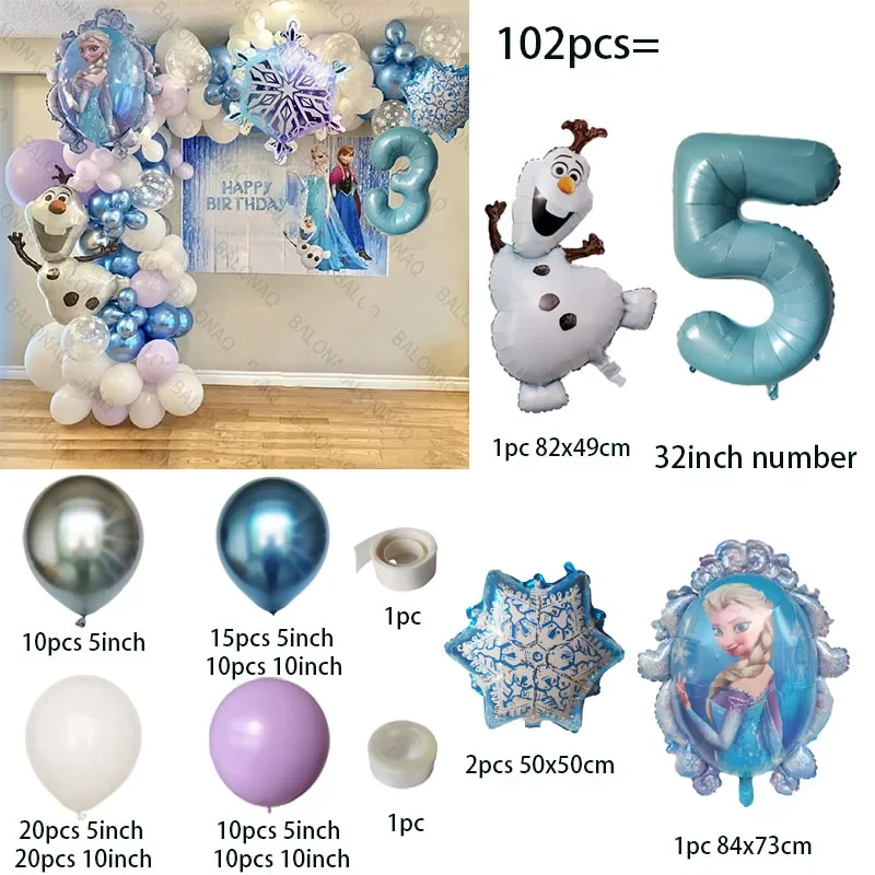 102pcs Disney Balloons Garland Arch Kit Olaf Foil Balloons Frozen Elsa Anna Princess Theme Birthday Party Decors Air Globos