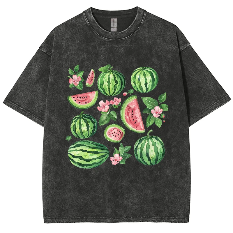 Vintage Fruit Watermelon Graphic Print T-shirt Gothic Women Tshirts Washed Short Sleeved Man Tops Round Neck General Tee