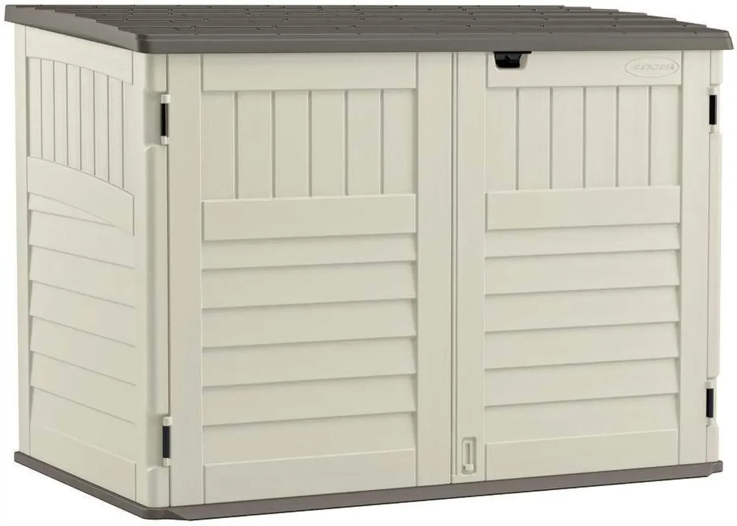 

Outdoor Storage for Trash Cans and Yard Tools - All-Weather Resin, Hinged Lid, Reinforced Floor - Vanilla and Stoney
