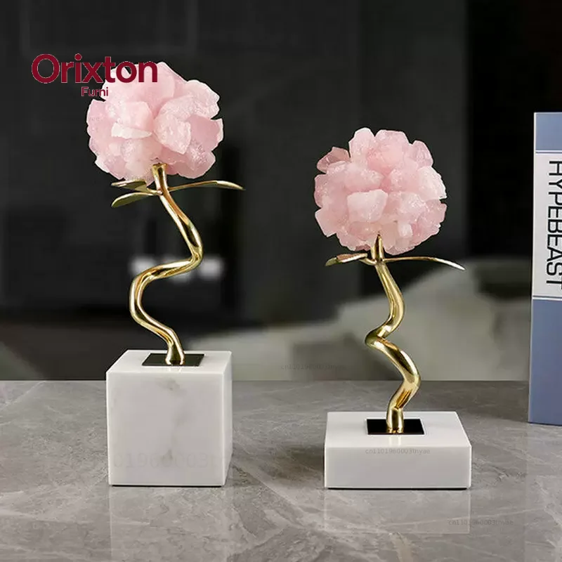Marble Base Copper Branch Leaf Crystal Hydrangea Flower Decoration Home Livingroom Entrance Ornaments Hotel Office Desk Crafts