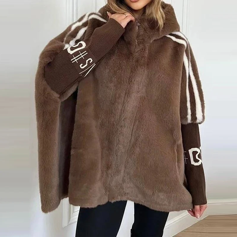 

Элегантные теплые верхние пальто в стиле пэчворк с принтом, осенние повседневные свободные куртки с длинными рукавами и капюшоном, зимняя мода, мягкие пальто из искусственного меха на молнии