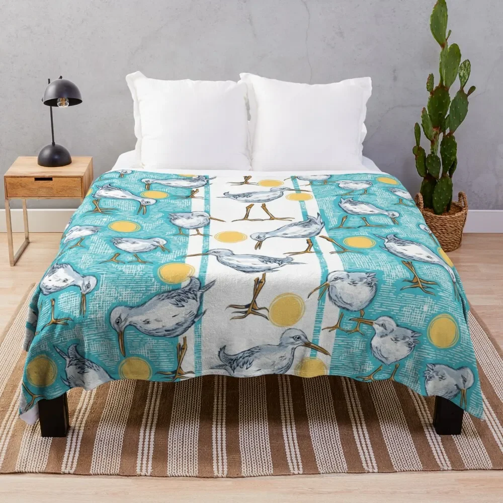 Sunny Sandpipers Pattern | Beach Blue w/ Stripes Throw Blanket Loose For Sofa Thin Soft Beds Blankets