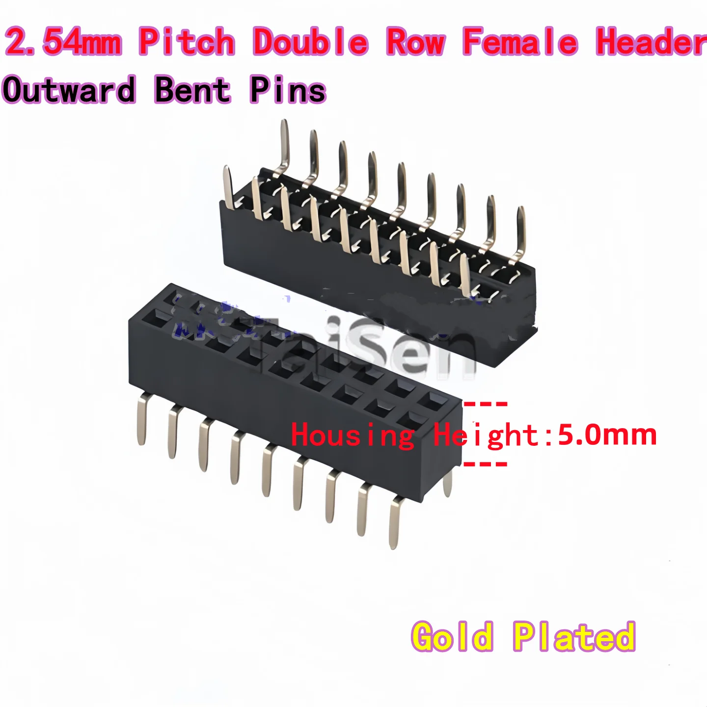 2.54mm Pitch Double Row Female Header, Crawler Leg / Outward Bent Pins, Housing Height 5mm, Gold Plated, 2*3P/4P/5P/10P~40P
