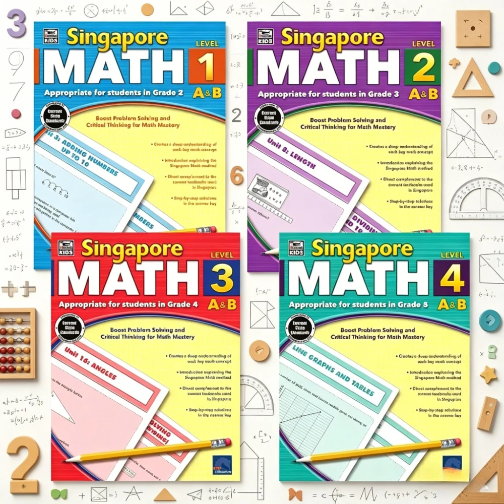 Graded Mathematics Training Book: Gradual progression from Level 1 to 4, synchronized with the Singapore teaching system
