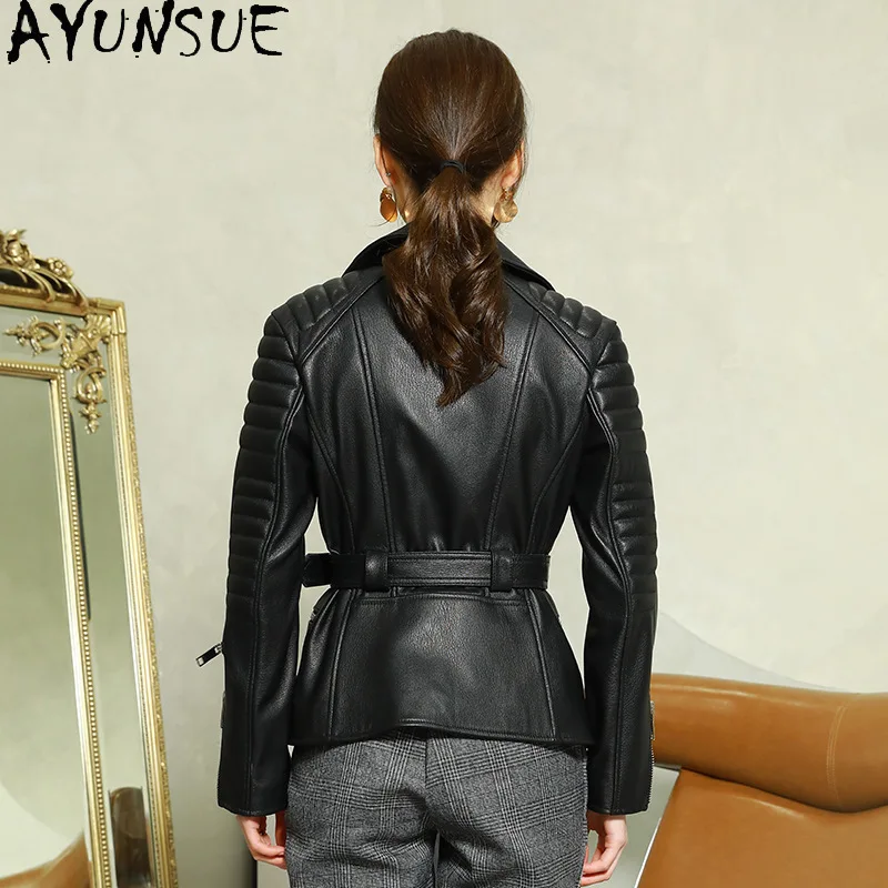 AYUNSUE 100% chaqueta De piel De oveja De piel auténtica para mujer, abrigo negro para motocicleta, ropa De primavera y otoño, chaqueta ajustada De cuero