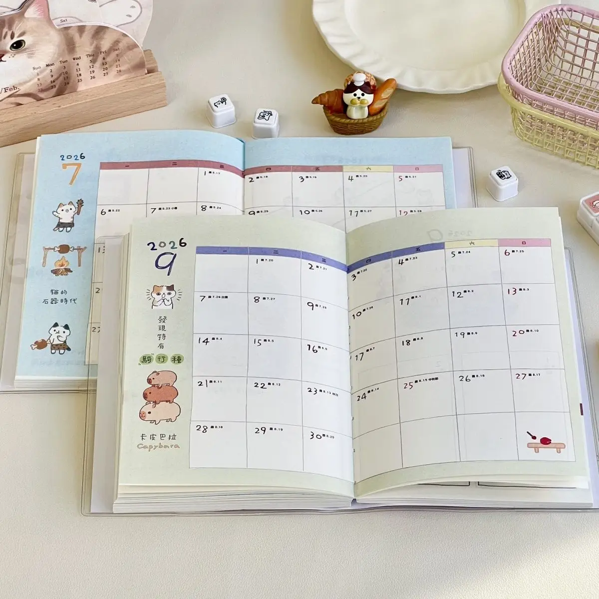 2026 مخطط لطيف الكرتون الجدول الزمني كتاب صفحة ملونة دفتر عالية المظهر طالب خطة أسبوعية وشهرية Ins جدول كتاب