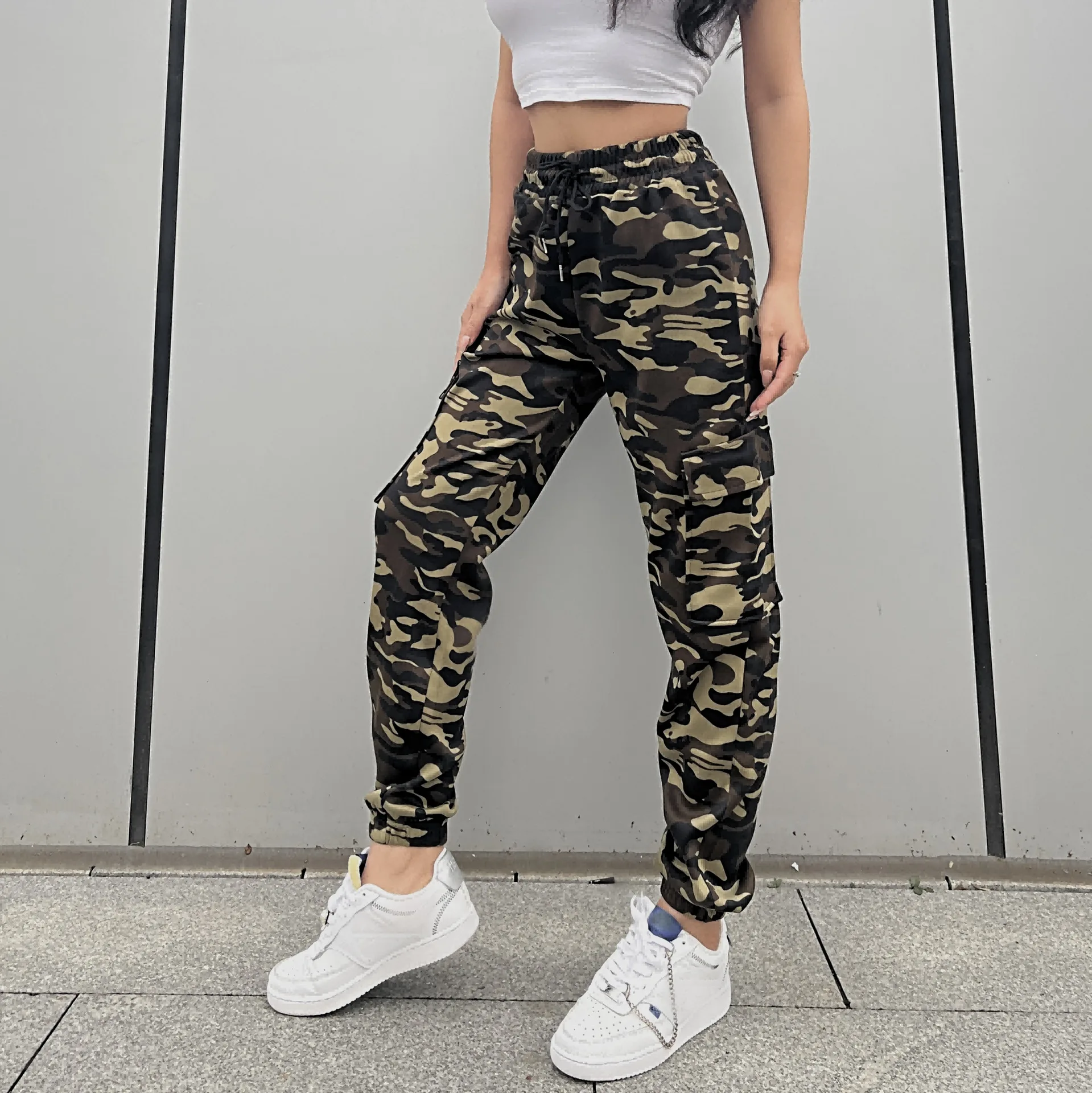 Korean Print Camouflage Cargo Long Pants Women Lace Up Elastic Waist Pockets Loose Spliced 2023 Autumn Straight Trousers