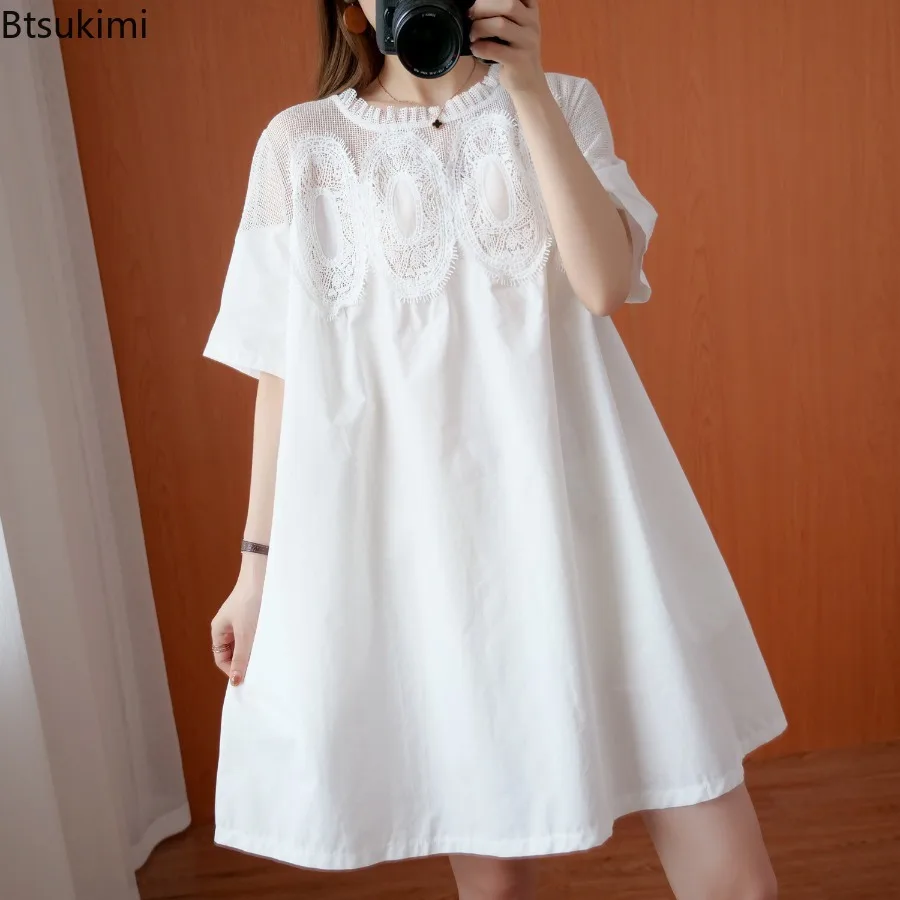 

2024 New Short Sleeve A-line Dress for Women Summer Lace Patchwork Korean Style Dress Ladies Solid Loose Casual Elegant Vestidos