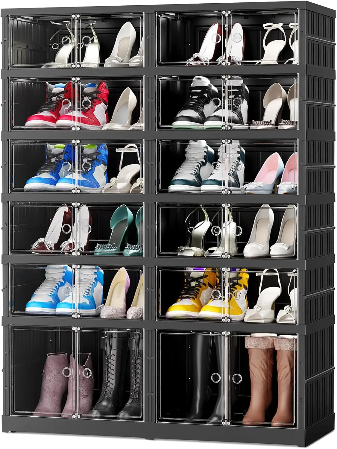 

6 Tiers 24Pairs Large Shoe Storage Organizer Boxes, Plastic Stackable Rack for Closet Entryway, Foldable Storage