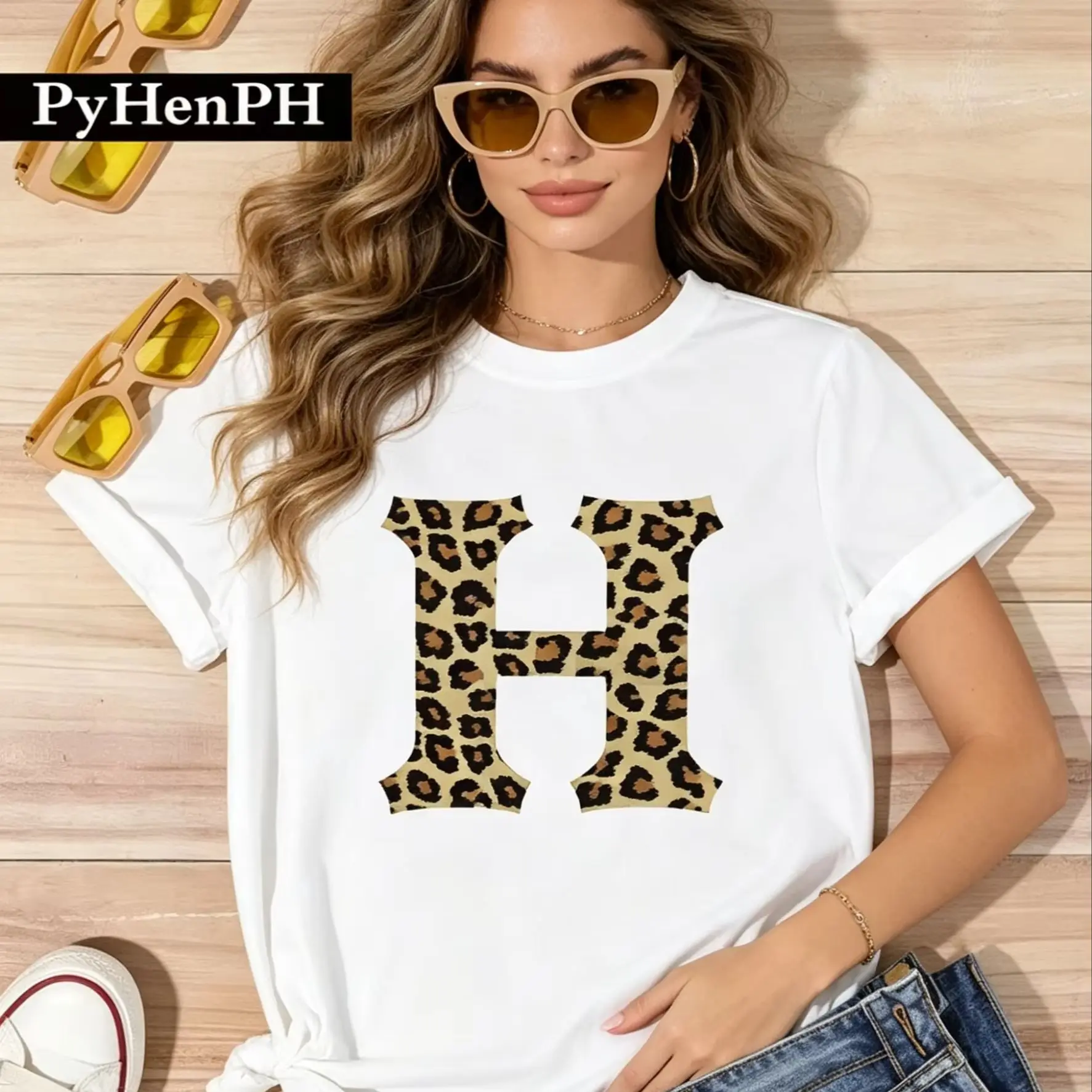 

European and American Personality Leopard Print Letter-printed T-shirt Women's Summer Round Neck polyester fabric