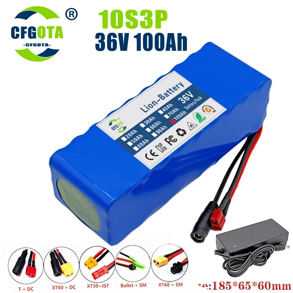 36V 100Ah 18650 battery pack 10S3P 100000mAh built-in 15A BMS, 250W-500W scooter, electric bicycle battery + 42V 2a charger