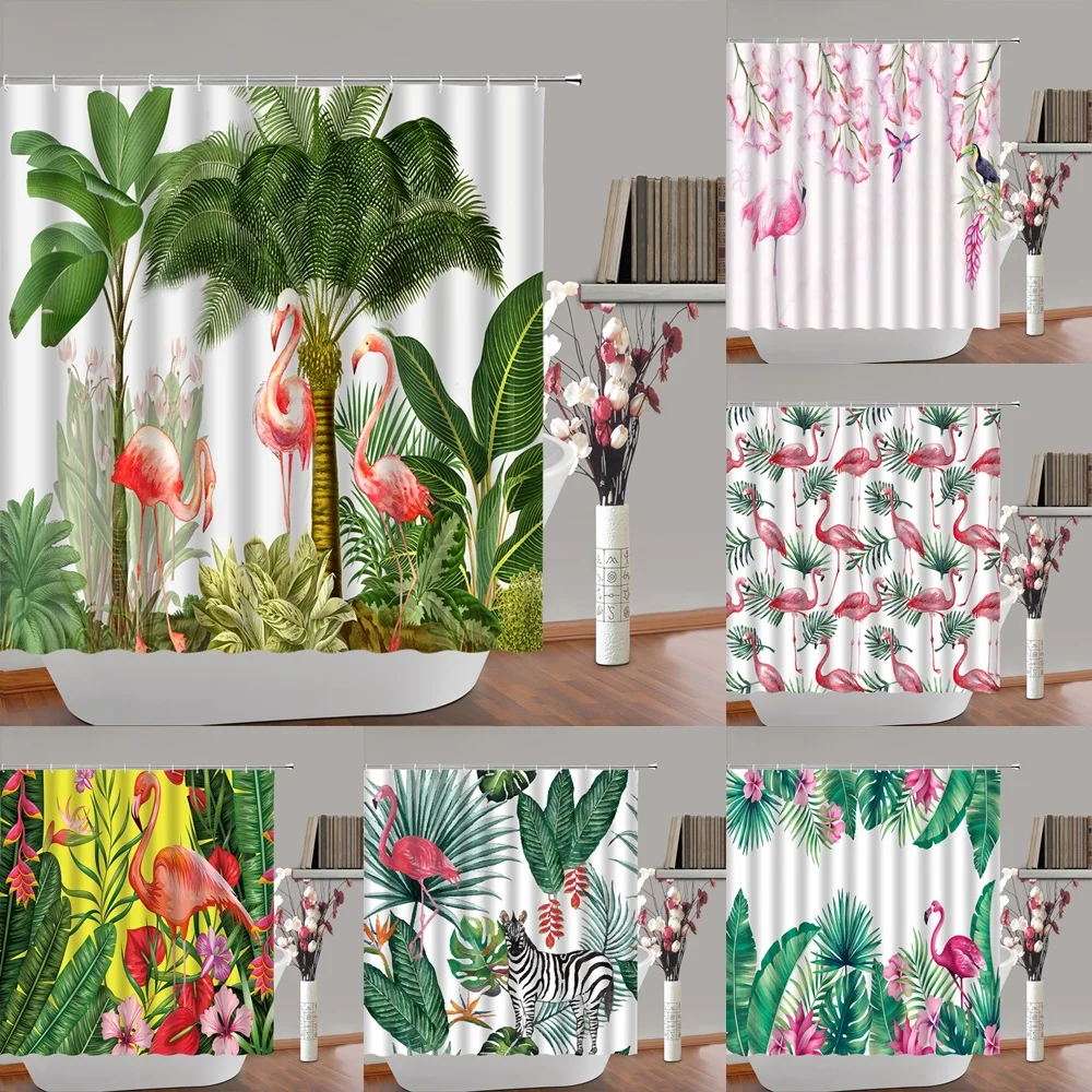 

Pink Flamingo Shower Curtain Bathroom Decor Animal Tropical Jungle Plant Leaves Flowers Bath Bathtubs Curtains Waterproof Fabric