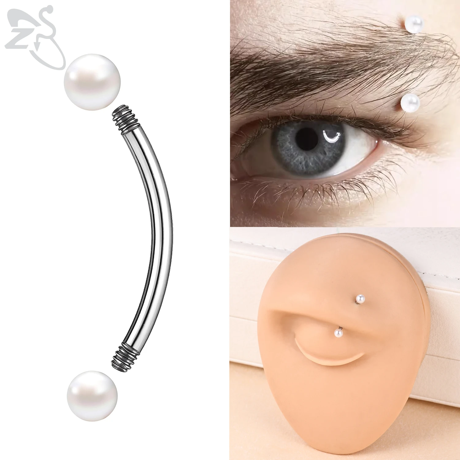 ZS 1 PC 16G Stainelss Steel Eyebrow Piercing For Women Men White Pearl Curved Eyebrows Ring Lip Belly Piercings Jewelry 6MM-14MM