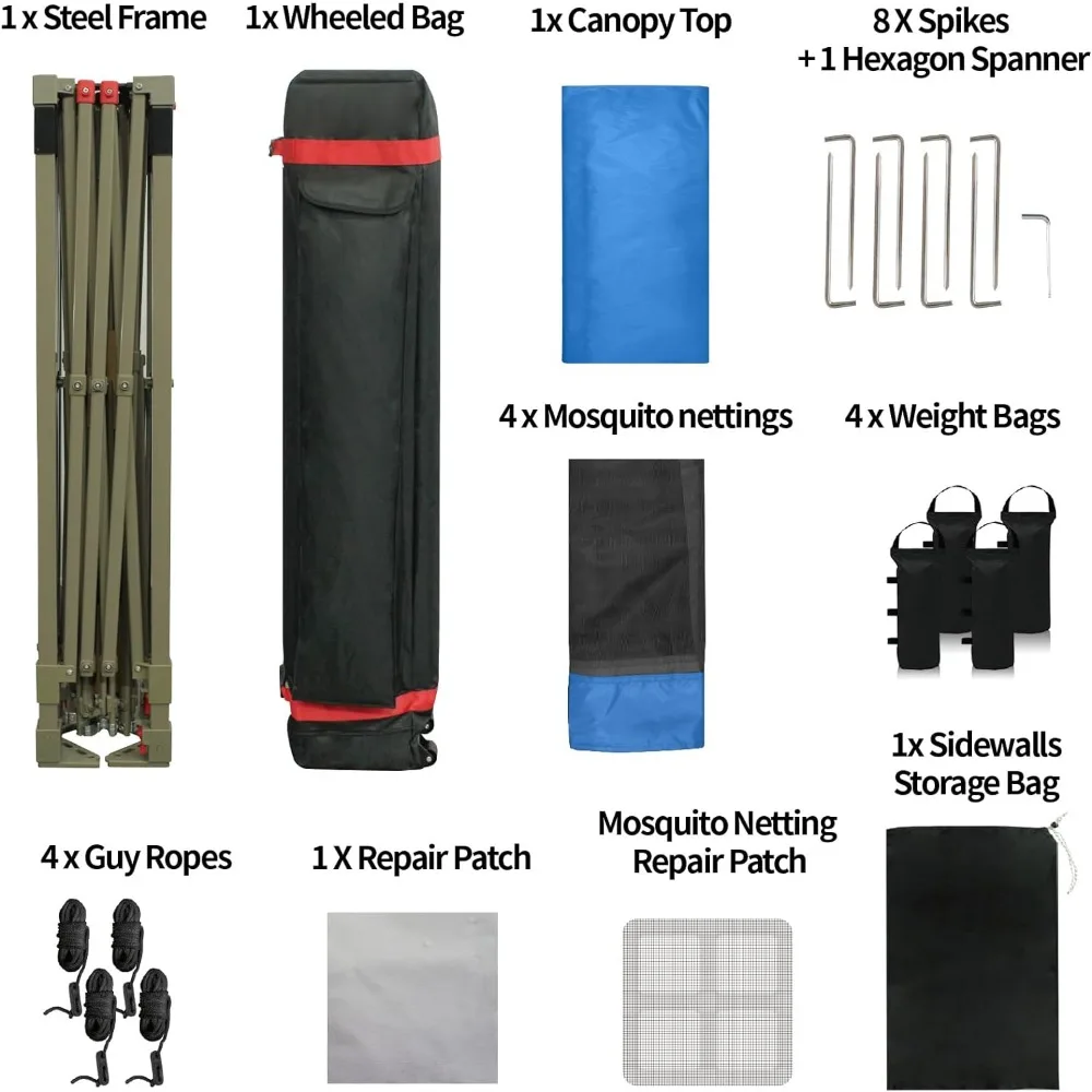 팝업 가제보 캐노피 쉘터, 야외 캐노피, 4 모기장 측면 벽, 푸시 센터 잠금, 10x10 피트