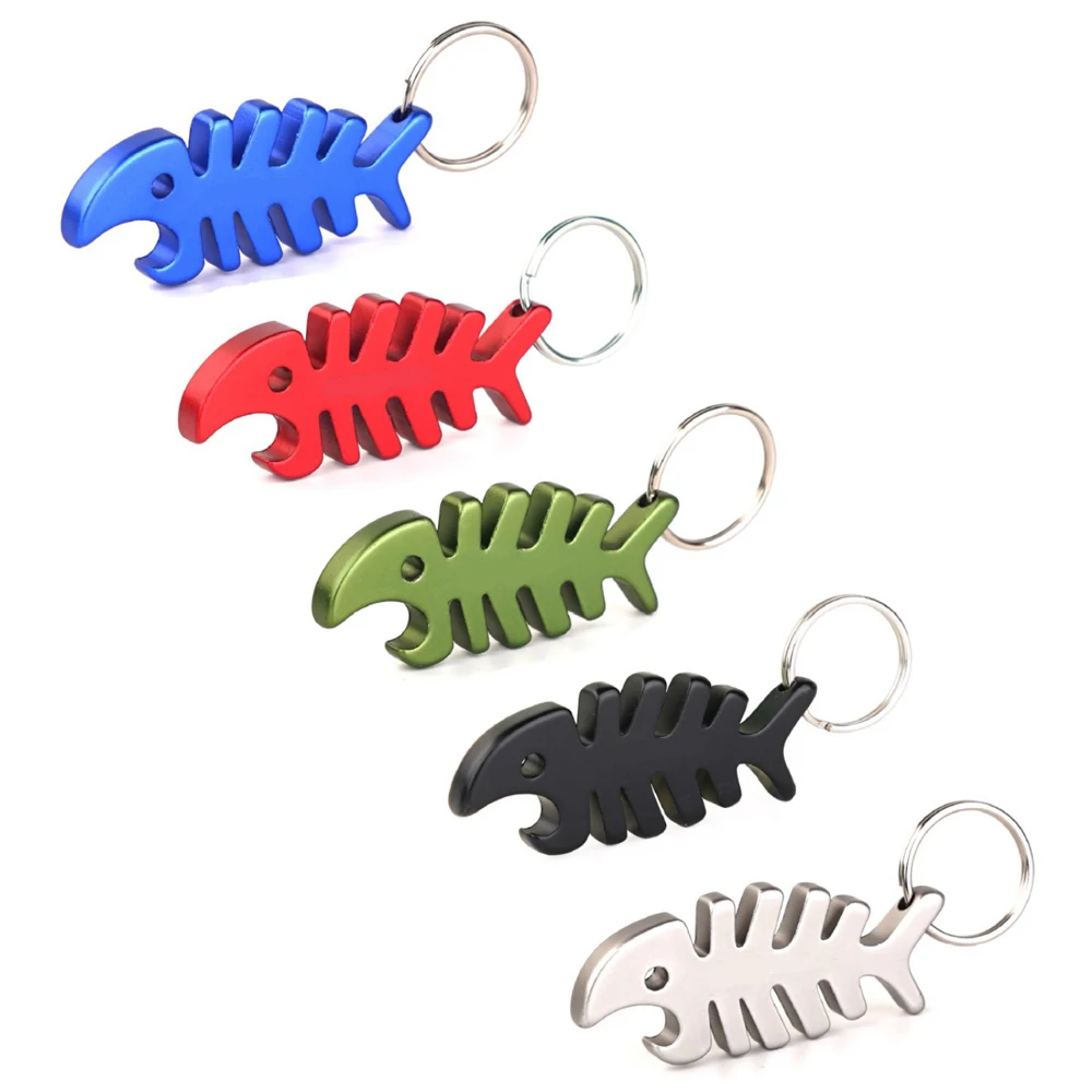 100PCS Fish Shape Beer Bottle Opener Fish Bone Aluminum Alloy Bottle Opener Keychain Ring kichen Accessories Gadgets pendant