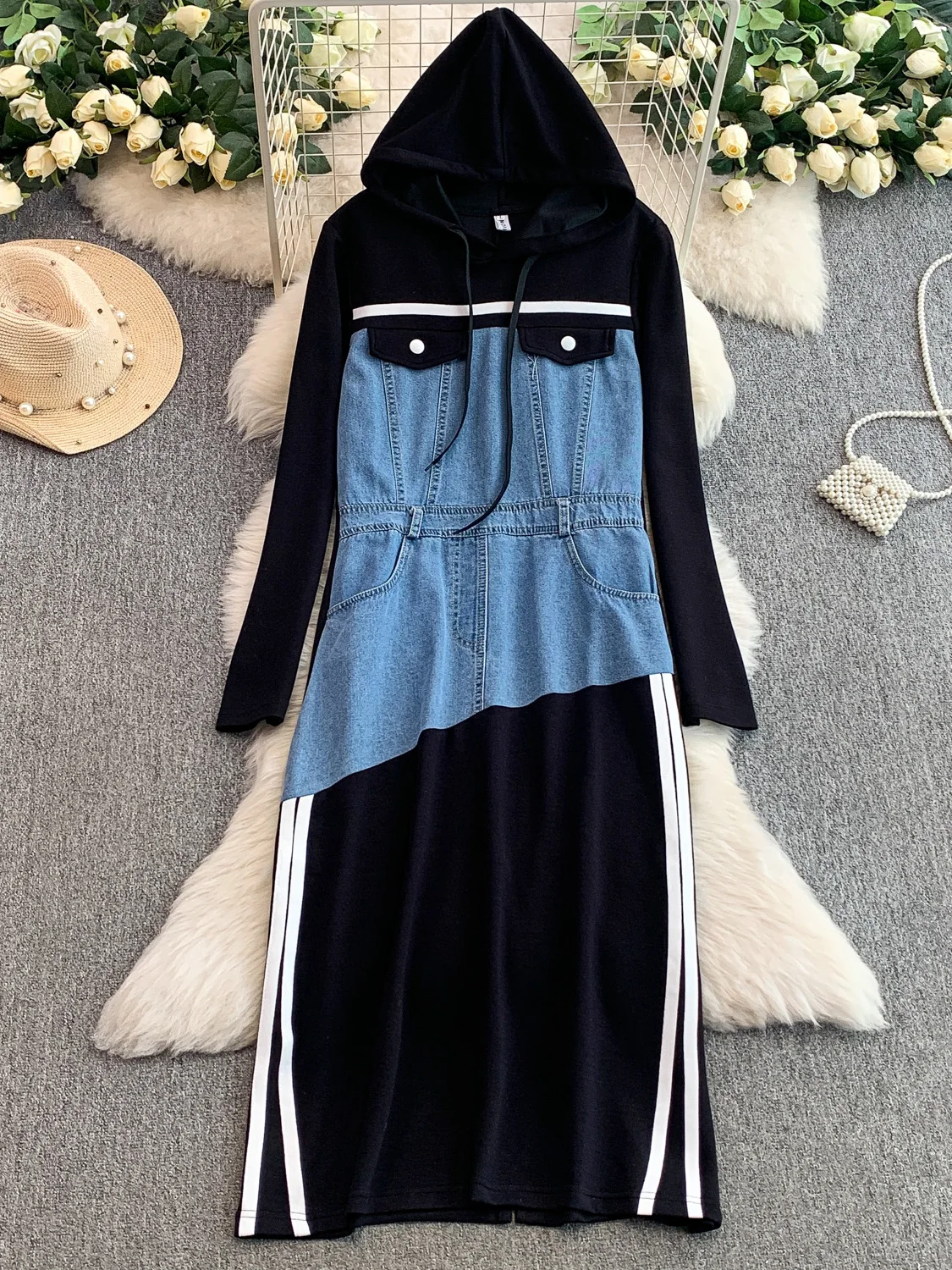 Elegancka koreańska spódnica damska z kapturem, wyszczuplająca, patchworkowa, jesienno-zimowa, z wysokim stanem, w paski, długa, modna, do pracy.