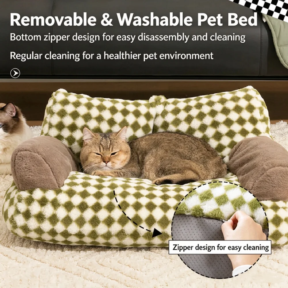 Retro Plaid Pet Sofa Bed Removable Washable Pet Bed Winter Plush Bed For Small Dogs Non Slip Bottom Cat Bed with Backrest Indoor