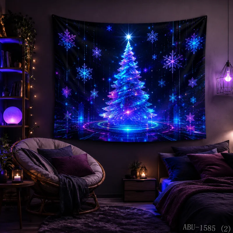VIKAMA Blue Purple Ice Crystal Christmas Tree Halo Christmas Tapestry Background Hanging Cloth Living Room Room Decoration