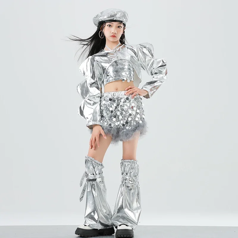 Ragazze Paillettes Crop Top Pantaloncini da ballo di strada Gonne per bambini Hip Hop Jazz Pantaloni argento Set di vestiti Bambino Streetwear Costumi K-pop