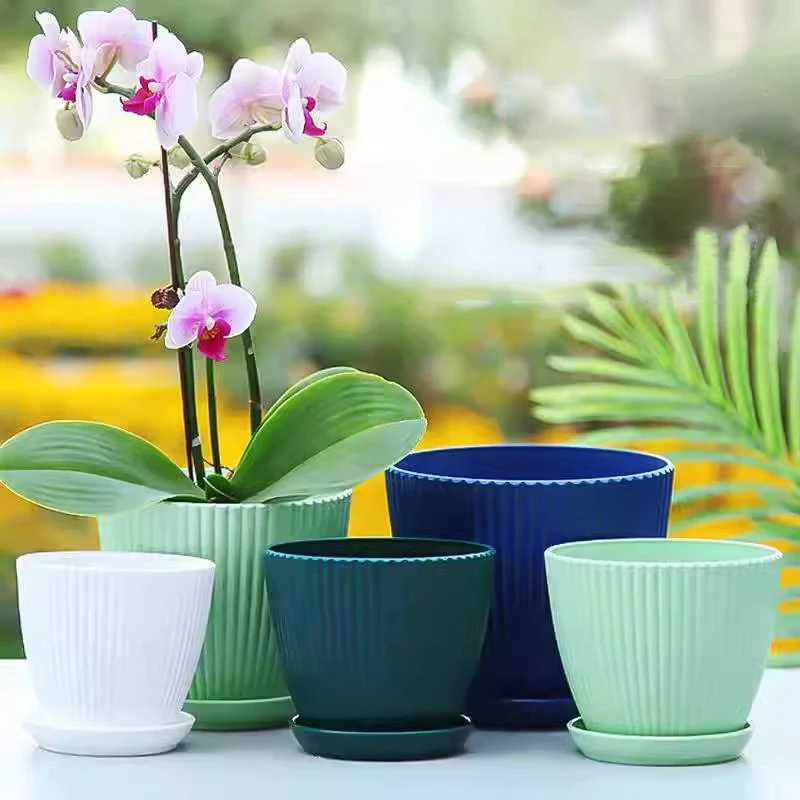 Plastic Flower Pot Succulent Potted Round Plants Pot Vertical Striped  Planters with Tray Indoor Home Office Desktop Decoration - AliExpress 15