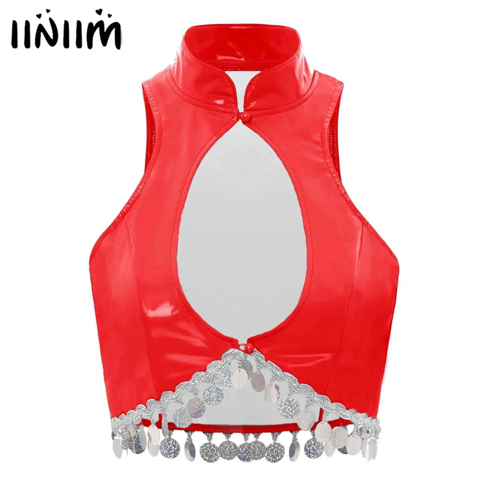 

Women PU Crop Vest Tops Stand Collar Front Hollow Out Shiny Sequin Tassel Tank Tops Wet Looking Clubwear Belly Pole Dance Outfit