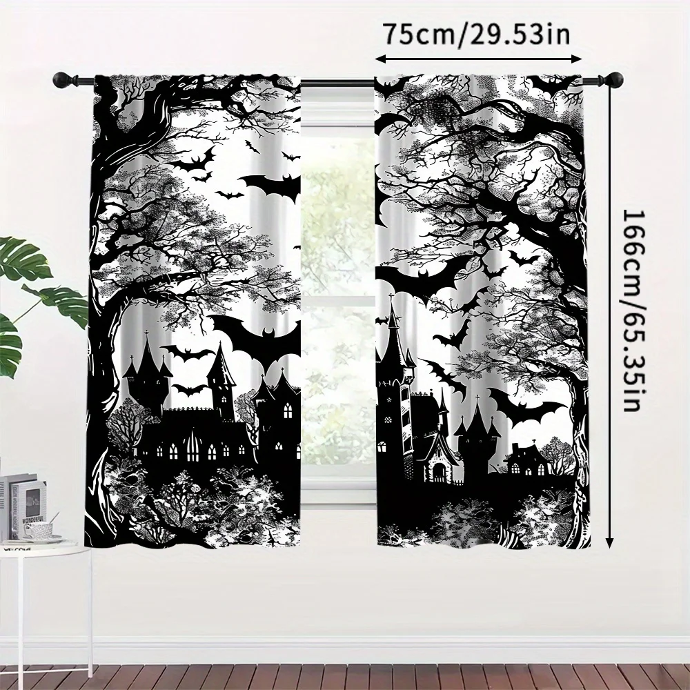 Halloween Gothic Spooky Bat Tree Curtains Window Decor Haunted House Manor Silhouette Panels Black Window Curtains for Man Cave