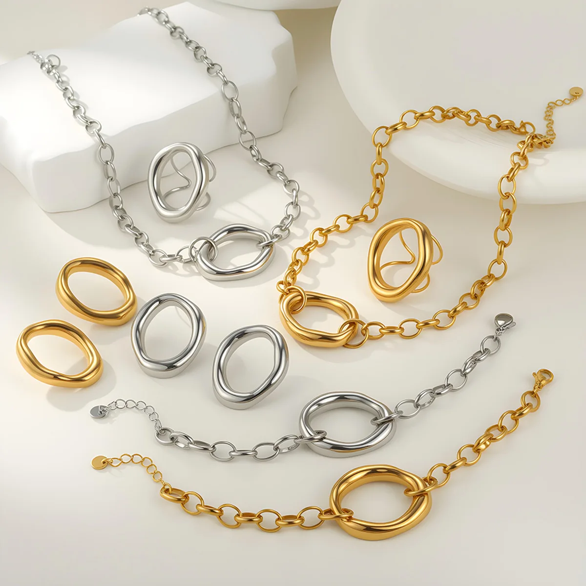 Fashion geometric hollowed-out stainless steel necklace bracelet earring set - versatile durable - perfect gift for ladies