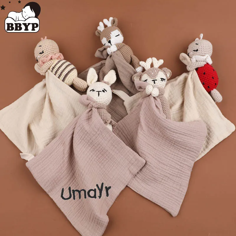 

Personalized name Muslin Baby Sleeping Dolls Soft Eco-Friendly Baby Rabbit Plush Cute Bunny Cotton Knitted Baby Towel Doudou